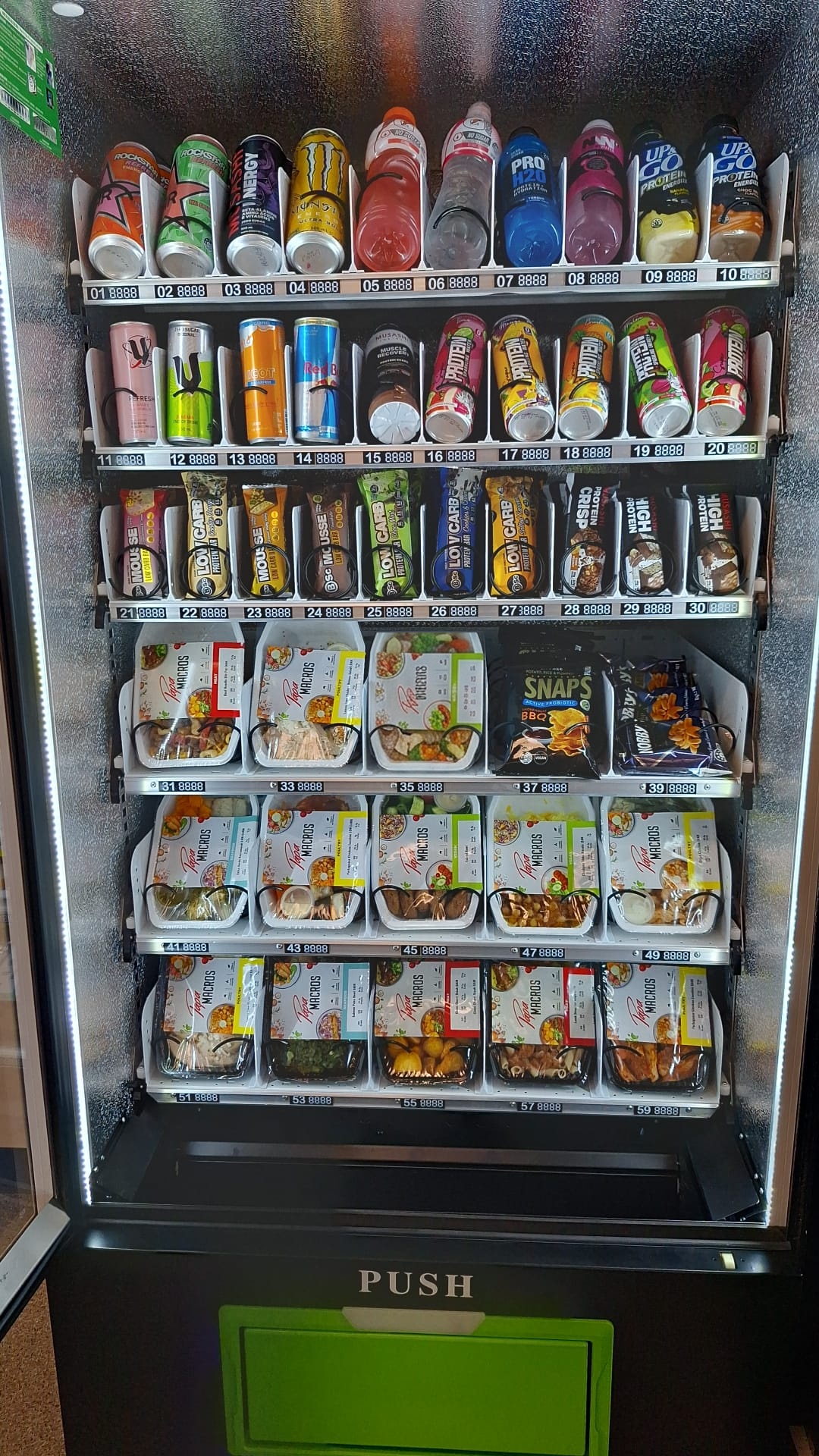 Gym vending range with protein bars, hydration drinks and prepared meals